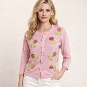 Berek Pink Beaded Rose Cardigan Sweater | Floral Embellished |Chic Vintage Style